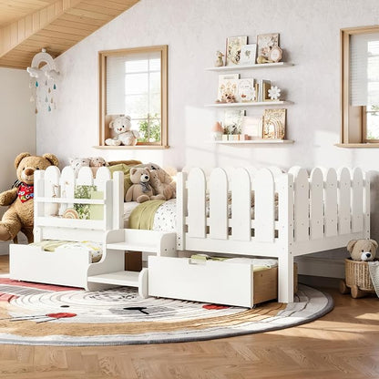 Bellemave Twin Kids Montessori Bed with Stairs, Bookshelf and LED Lights, Solid Wood Kids Bed Frame with Storage Drawers for Boys Girls, Low Profile,White
