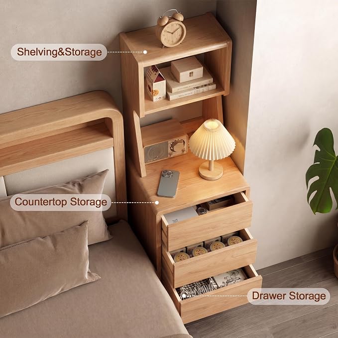 Solid Wood Bookshelf with Drawers,Narrow bookcase with Storage Shelves,Tall Nightstand with Drawers,Mid Century Modern Nightstand,Open Shelf Bookcase,Small Book Shelf for Bedroom,Living Room,Offices