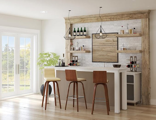 Vienna 30" Swivel Bar Stool in Walnut Wood Finish with Cream Faux Leather - Set of 3