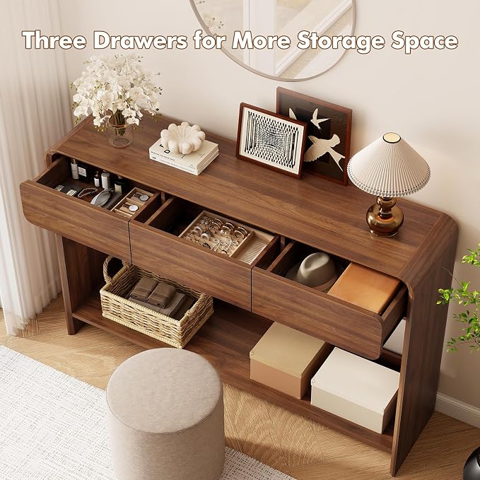 Nasonet Mid Century Modern Console Table, Entryway Table with 3 Storage Drawers, Wood Sofa Table Behind The Console Table for Entryway, Hallway, Living Room, Walnut