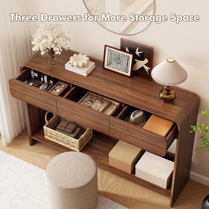 Nasonet Mid Century Modern Console Table, Entryway Table with 3 Storage Drawers, Wood Sofa Table Behind The Console Table for Entryway, Hallway, Living Room, Walnut