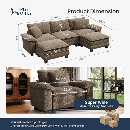 PHI VILLA Cloud Modular Couch Sets, 123.6" Oversized Sectional Sofa with U-Shaped Chaise, 5-Seater Couches with 2 Movable Ottomans for Living Room, Chenille Grayish Brown