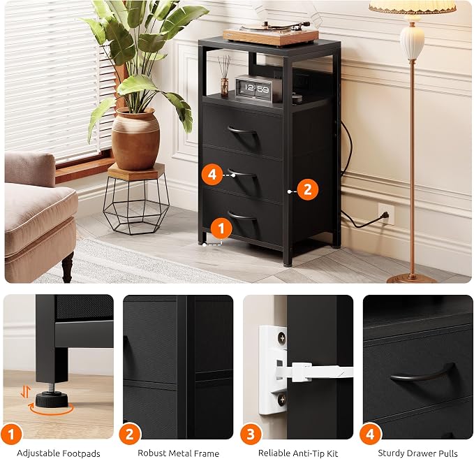Lazzanto NightStand Bedside Charging Table Bedroom - Night Stand with Charger Station, Black Modern Bed Side End Table with Open Shelf & 3 Fabric Drawers, USB-C Port for Dorm, Living Room