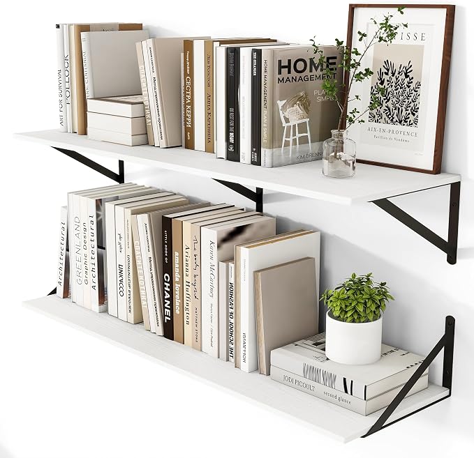 Heimlove White Deep Floating Shelves for Wall, 40W x 12D Wood Wall Shelves Set of 2, Wide Floating Bookshelf for Living Room, Kitchen, Office, Bedroom and Decor Storage, with Black Bracket - White