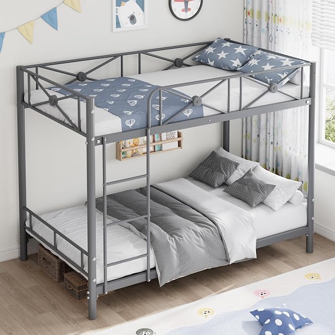 Garvee Metal Bunk Bed Twin Over Twin, Industrial Bunkbeds Heavy Duty Bed with Safety Guard Rails and Space-Saving Design, Steel Bed for School, Bedroom, Grey