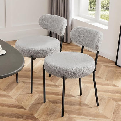 Sweetcrispy Dining Chairs Set of 4, Boucle Upholstered Modern Mid Century Round Kitchen Chairs with Curved Backrest & Metal Legs for Vanity, Living Room - Grey