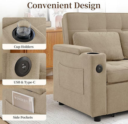Korser 55.5'' 3-in-1 Convertible Sofa Bed, Pull Out Couch with 5-Position Adjustable Backrest, Loveseat Sleeper Sofa for Small Spaces, Sofa Couch with Cup Holders for Living Room, Office, Chenille