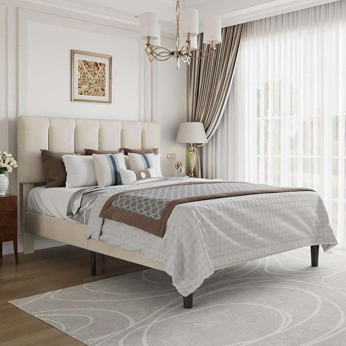 VECELO Full Size Bed Frame with Upholstered Headboard, Heavy-Duty Bedframe with Strong Wooden Slats Support, No Boxing Spring Needed, Pale Beige