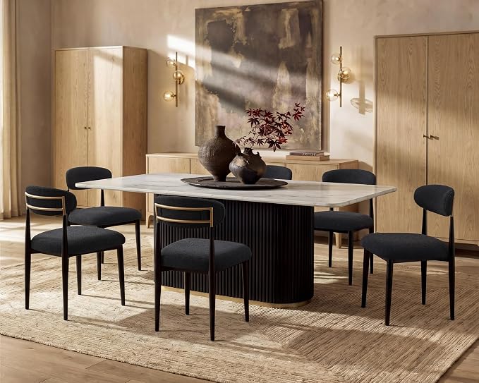 Morden Fort Marble Dining Table Set for 6, 70" Kitchen Table with White Rectangle Top and Black Fluted Base, 6 Modern Upholstered Chairs for Dining Room, Restaurant and Reception