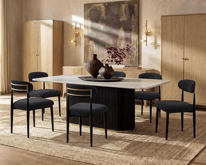 Morden Fort Marble Dining Table Set for 6, 70" Kitchen Table with White Rectangle Top and Black Fluted Base, 6 Modern Upholstered Chairs for Dining Room, Restaurant and Reception