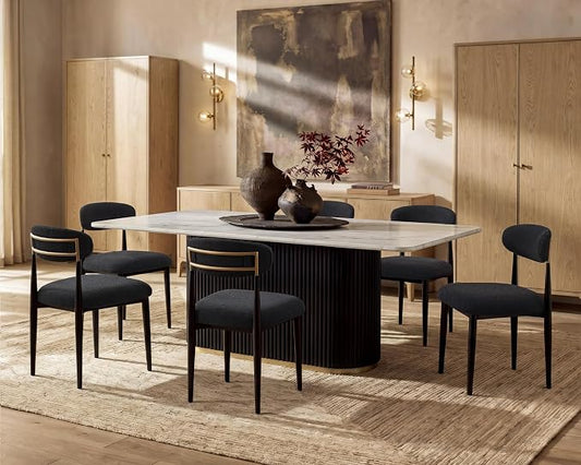 Morden Fort Marble Dining Table Set for 6, 70" Kitchen Table with White Rectangle Top and Black Fluted Base, 6 Modern Upholstered Chairs for Dining Room, Restaurant and Reception