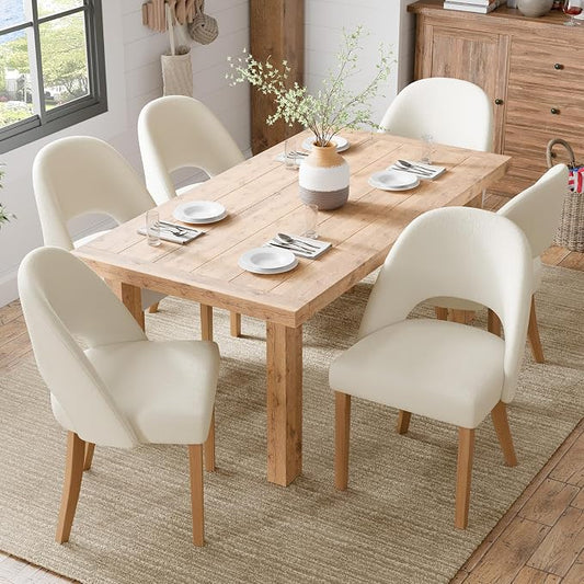 Wooden Dining Chairs Set of 6, Upholstered Modern Chenille Dining Room Chair Kitchen Chairs, Comfy Farmhouse Dinner Chair for Kitchen Dining Room, Beige