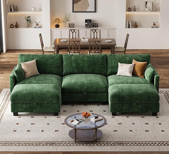 Modular Sectional U Shaped Sofa Couches for Living Room, Cloud Couch with Storage Ottoman, Comfy Chenille Sofa with Pillow, Green