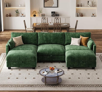 Modular Sectional U Shaped Sofa Couches for Living Room, Cloud Couch with Storage Ottoman, Comfy Chenille Sofa with Pillow, Green