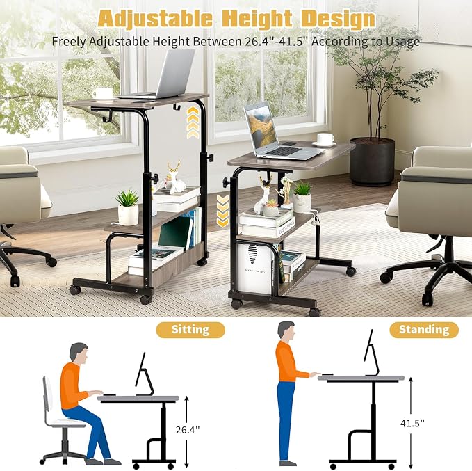 Mobile Laptop Desk with Power Outlets, Height Adjustable TV Tray Table with Storage Shelf, Rolling Computer Table with USB Ports (Grey Oak)