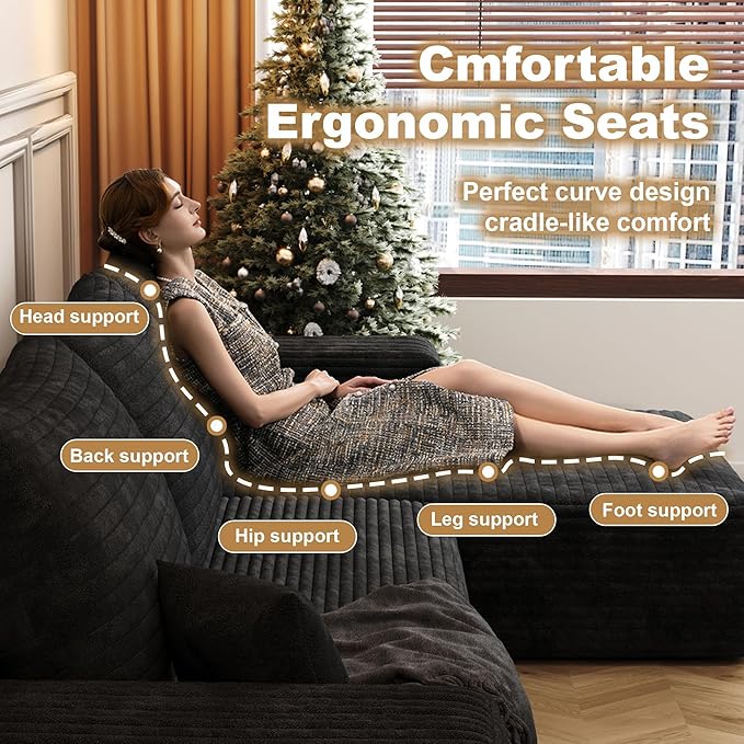 AUGOP 108" Sectional Couches for Living Room Modern Modular Sofa with L-Shape Couchs Upholstered Boneless Couch Deep Seat Sectional Couch with Chaise (Black, Right Facing Chaise+2Seaters)