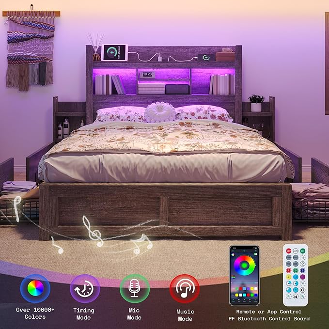 LUXOAK Full Bed Frame with 49.6" Bookcase Headboard & 2 Detachable Bedside Stoage Racks & 4 Drawers, Farmhouse Wood Bed Frame with RGB LED & Charging Station, No Box Spring Needed, Grey