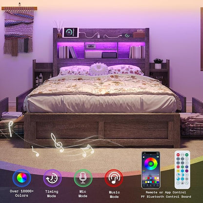 LUXOAK Queen Bed Frame with 49.6" Bookcase Headboard & 4 Drawers & 2 Detachable Bedside Stoage Racks, Farmhouse Wood Bed Frame with RGB LED & Charging Station, No Box Spring Needed, Grey