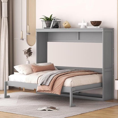 Ball & Cast Full Size Murphy Bed,Hideaway Beds with Dual Piston Metal Folding Mechanism Designed,Wood Wall Cabinets Bedframe w/Slat Support and Storage Platform Top,Hardware Chain,for Apartment,Gray
