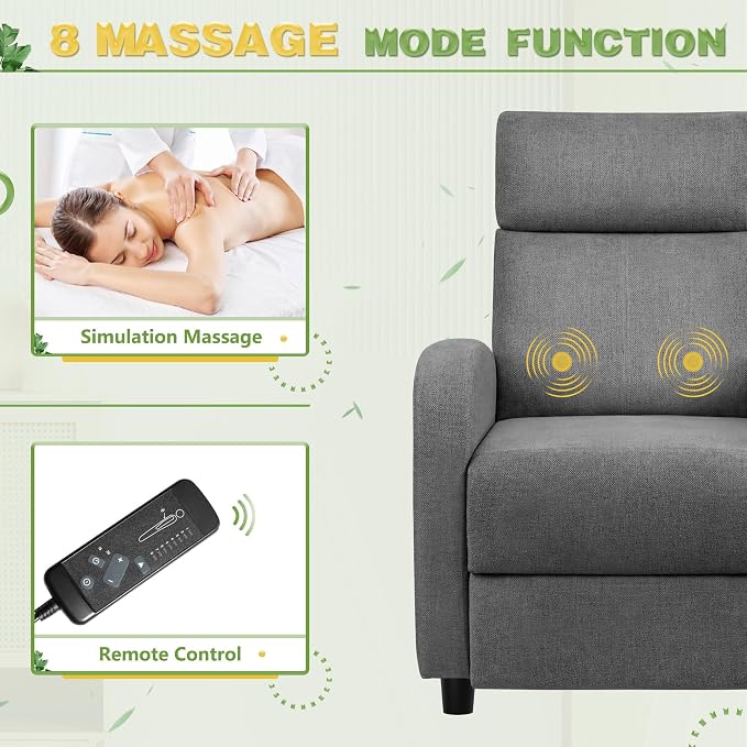 Furniwell Massage Recliner Chair for Living Room Adjustable Fabric Reclining Chair Home Theater Seating Modern Winback Single Sofa for Adults with Footrest (Gray)