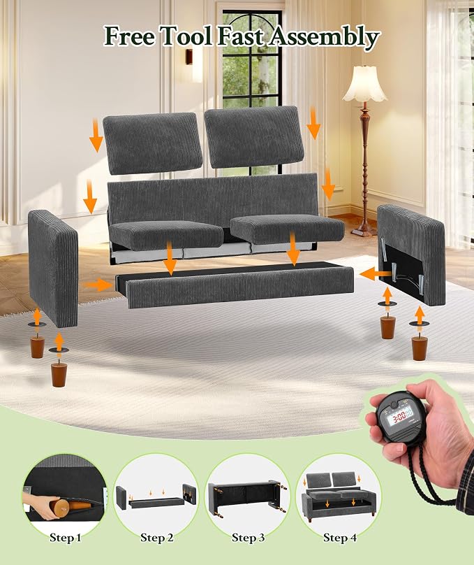 Welzona 70.2" Couches for Living Room, Comfy Grey Couch 7.1" Extra Thick Cushion, Sofas for Living Room Tool-Free Setup, Loveseat Sofa 705lbs Support, Corduroy Couch for Bedroom, Apartment, Office