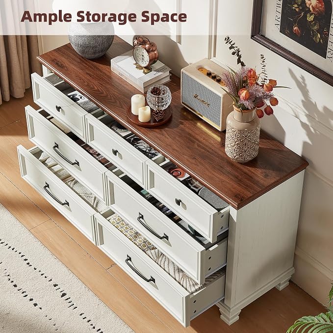 SAVOR LIFE Farmhouse 7 Drawer Dresser for Bedroom, 54” Wood Dresser for Closet, Large Rustic Wooden Dressers, Chest of Drawers for Bedroom, Hallway, Entryway, White