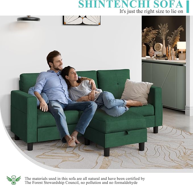 Shintenchi 76" Modern Upholstered Sectional Sofa Couch,L-Shaped Convertible Sofa with Storage Ottoman,Comfy Couches with Side Storage Pockets for Living Room,Green Linen Fabric