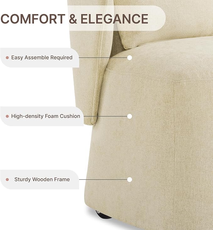 KISLOT Upholstered Dining Chairs with Wheels, Easy Assembly Stain Resistant Fabric Modern Barrel Armchair with Lumbar Cushion, Dining Room Chairs for Kitchen Living Room Bedroom, Sand, Set of 4