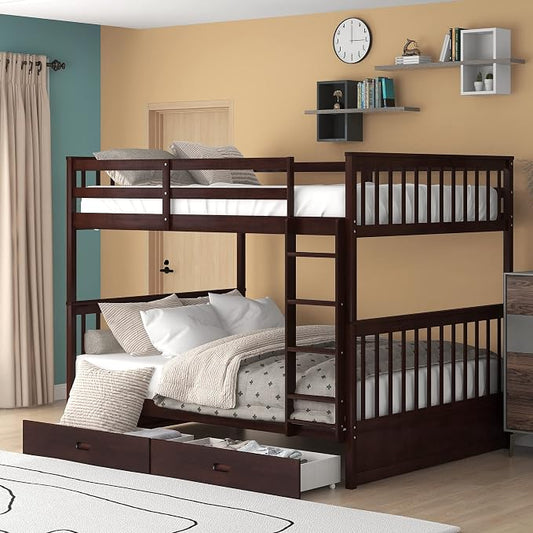 Merax Full-Over-Full Bunk Bed with Two Storage Drawers, Solid Wood Full Size Bunk Bed with Guardrail and Removable Ladder, Can be Converted Into 2 Separate Beds, Espresso