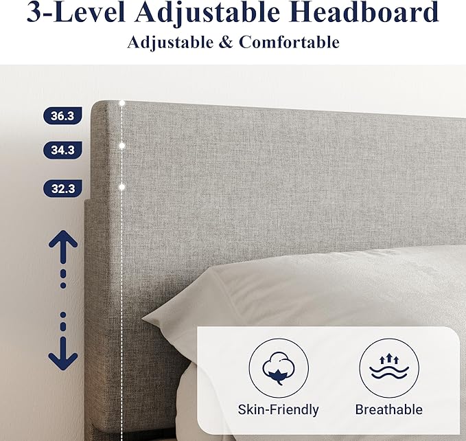 Allewie Full Size Bed Frame with Adjustable Headboard, Upholstered Platform Bed with Wood Slats, Heavy Duty Mattress Foundation, No Box Spring Needed, Noise-Free, Easy Assembly, Light Grey