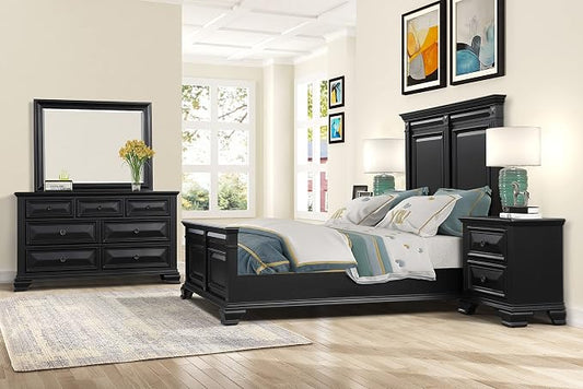 Roundhill Furniture Renova Vintage Black Wood Bedroom Set, Queen Panel Bed, Dresser, Mirror, Two Nightstands