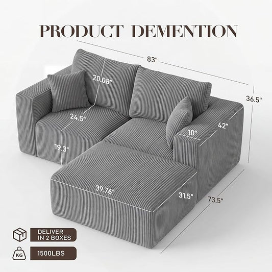 Modular Sectional Sofa with Ottoman, L-Shaped Cloud Couch, 79" Memory Foam Boneless Loveseat with Chaise, No Assembly Required Corduroy Frameless Sofa for Small Living Room Apartment Home Decor, Grey