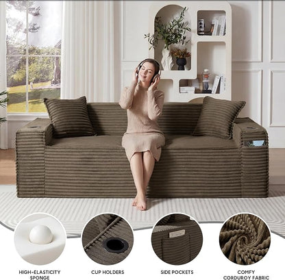 Boneless Sectional Sofa Couch with Cup Holders & Side Pockets, Modern Corduroy Fabric Deep Seat 3-seat Cloud Couch for Living Room Office, No Assembly (Brown)