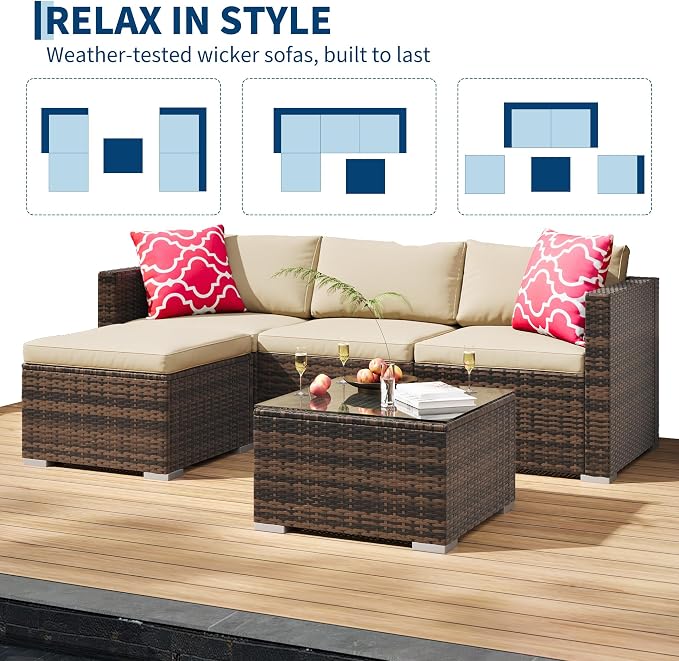 GAOMON 5-Piece All-Weather Patio Furniture Set, Convertible Outdoor Sectional Sofa with Ottoman & Tempered Glass Table, PE Rattan Conversation Set for Garden, Backyard, Porch, Poolside