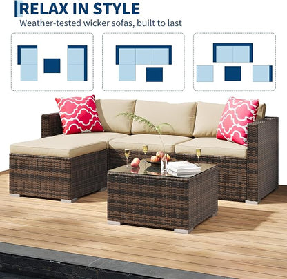 GAOMON 5-Piece All-Weather Patio Furniture Set, Convertible Outdoor Sectional Sofa with Ottoman & Tempered Glass Table, PE Rattan Conversation Set for Garden, Backyard, Porch, Poolside