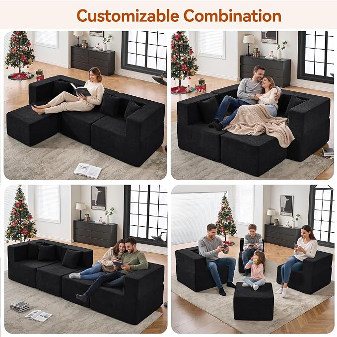 MONVANE 103'' Modular Sectional Sofa, Comfy Teddy Velvet Cloud Couch with Ottoman, Modern Convertible L Shaped Couch with Deep Seat, Sectional Couches for Living Room, Bedroom and Apartment, Black