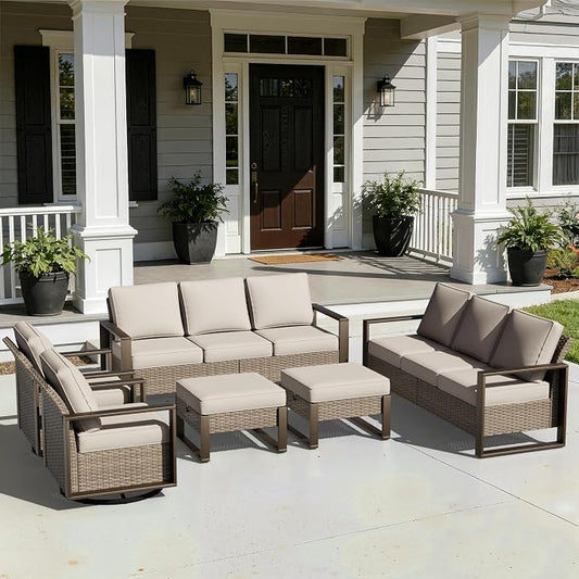Outdoor Patio Swivel Rocker Chairs, 6 Pieces Wicker Furniture Set, 2 Swivel Rocking Chairs, 2 Sofa and 2 Ottoman, Metal Wide Armrest, Thick Cushions and Deep Seating for Garden, Backyard, Porch, Deck