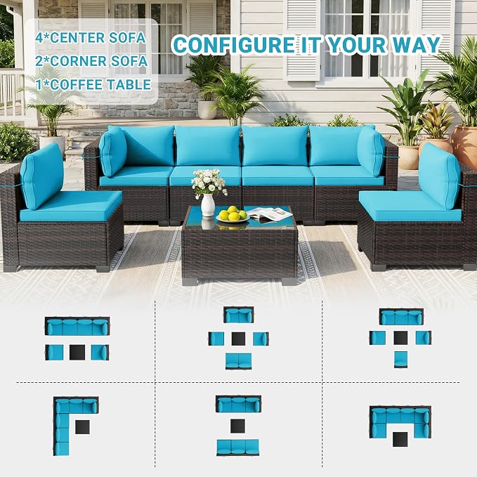 LAFWELL 7 Pieces Outdoor Patio Furniture Sets,Rattan Conversation Sectional Set,Manual Weaving Wicker Patio Sofa with Tea Table