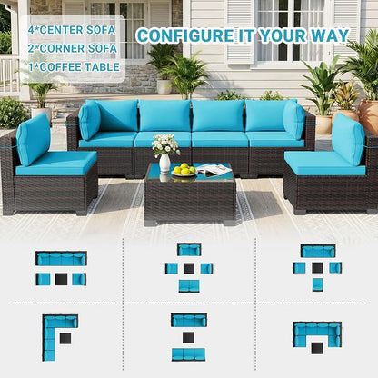 LAFWELL 7 Pieces Outdoor Patio Furniture Sets,Rattan Conversation Sectional Set,Manual Weaving Wicker Patio Sofa with Tea Table