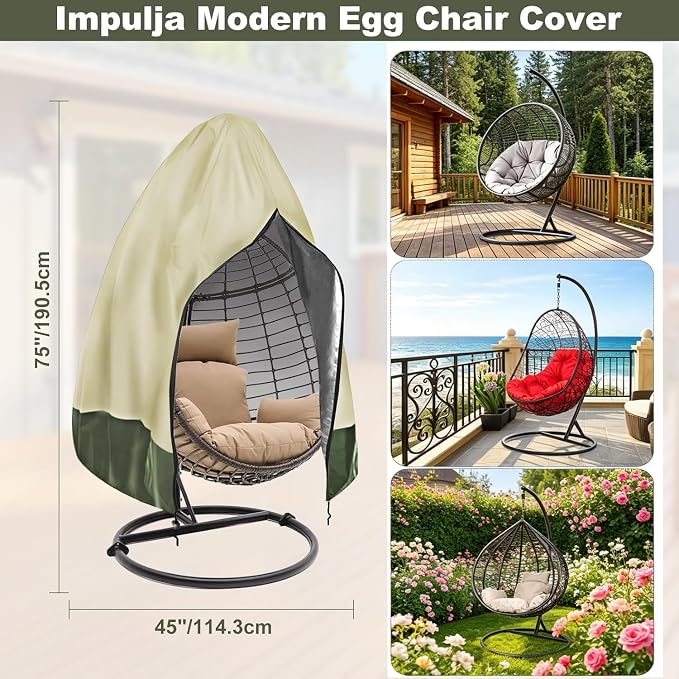 Egg Chair Cover Waterproof, 75x45 Inch Outdoor Hanging Egg Swing Chair Cover, Heavy Duty 420D Oxford Fabric, UV Resistant Windproof with Zipper & Drawstring, Fits Single Seat Egg Chair (Beige)
