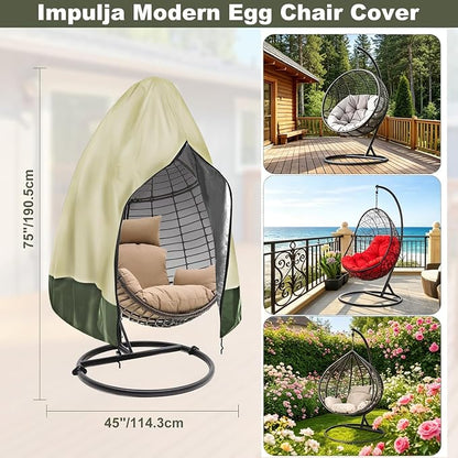 Egg Chair Cover Waterproof, 75x45 Inch Outdoor Hanging Egg Swing Chair Cover, Heavy Duty 420D Oxford Fabric, UV Resistant Windproof with Zipper & Drawstring, Fits Single Seat Egg Chair (Beige)