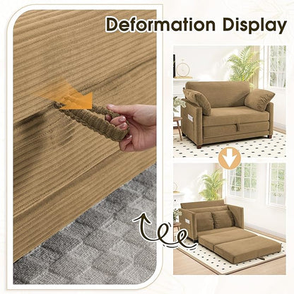 Myroyalsit 51" Convertible Loveseat Sofa Bed, 2-in-1 Folding Sofa Bed with 2 Pillow for Small Spaces, Modern Loveseat Sleeper Couch for Apartment, Living Room & Guest Room (Brown Corduroy, 51 inch)