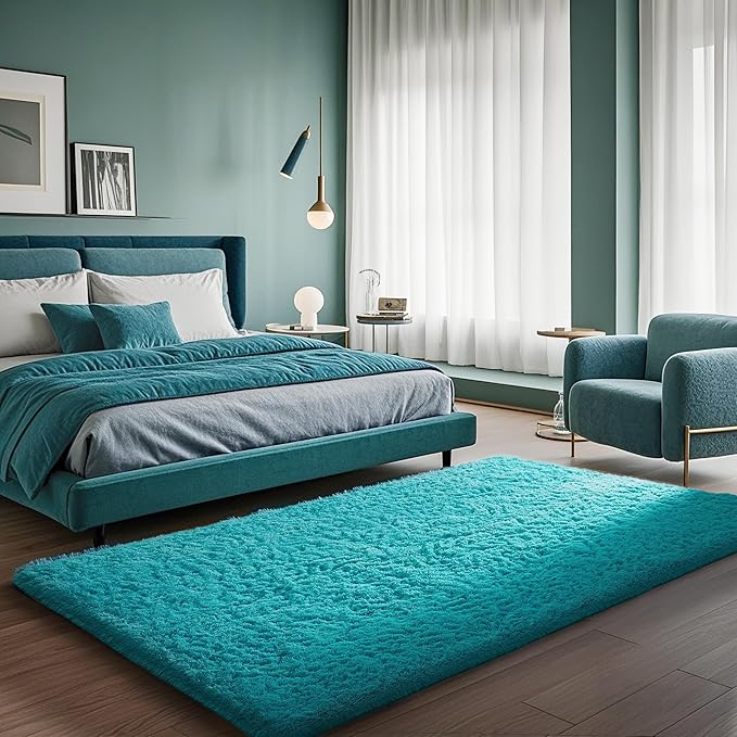Ophanie Teal Rugs for Bedroom Living Room, Fluffy Fuzzy Furry Carpet, Plush Soft Shaggy Bedside Indoor Floor 4x6 Area Rug for Kids Girls Boys Baby Teen Dorm Nursery Decor with Over 99 pcs Pile fibers