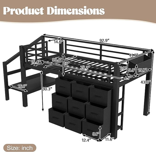 Bellemave Low Loft Bed Twin Size with Storage Stairs and Drawers, Metal Twin Loft Bed for Kids with LED Lights and Shelves, Low Profile Loft Bed Frame for Small Rooms, No Box Spring Needed, Black