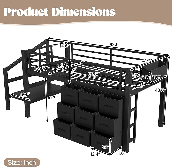 Bellemave Twin Size Loft Bed with 9 Non-Woven Fabric Storage Drawers, Low Loft Bed with Stairs and Lights, Twin Loft Beds with High Rails, Noise Reduced Black