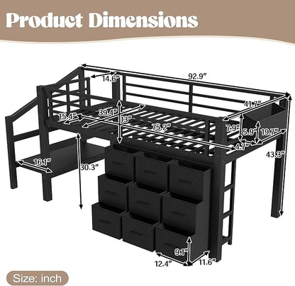 Bellemave Twin Size Loft Bed with 9 Non-Woven Fabric Storage Drawers, Low Loft Bed with Stairs and Lights, Twin Loft Beds with High Rails, Noise Reduced Black
