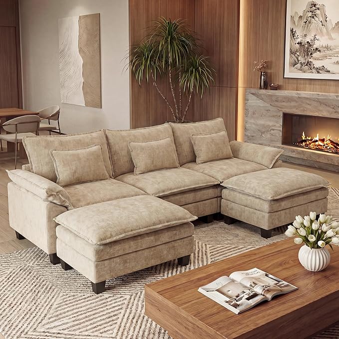 URRED Oversized Modular Sectional Sofa, 122" U Shaped Modern Comfy Cloud Couch with Movable Ottoman & Pillows, Deep Seat Couches for Living Room, Bedroom or Apartment (Chenille Khaki, 122" U Shaped)