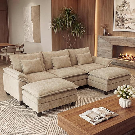 URRED Oversized Modular Sectional Sofa, 122" U Shaped Modern Comfy Cloud Couch with Movable Ottoman & Pillows, Deep Seat Couches for Living Room, Bedroom or Apartment (Chenille Khaki, 122" U Shaped)