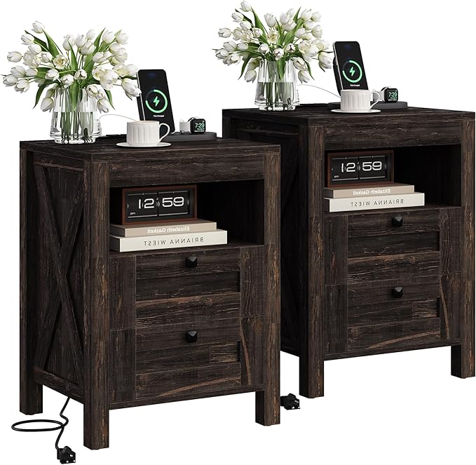 Luoxiao Nightstand Set of 2 with Charging Station, End Table, 18" Farmhouse Side Table with 2 Storage Drawers, Rustic Wooden Sofa Table, Bedside Cabinet for Living Room, Bedroom