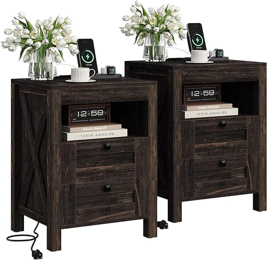 Luoxiao Nightstand Set of 2 with Charging Station, End Table, 18" Farmhouse Side Table with 2 Storage Drawers, Rustic Wooden Sofa Table, Bedside Cabinet for Living Room, Bedroom